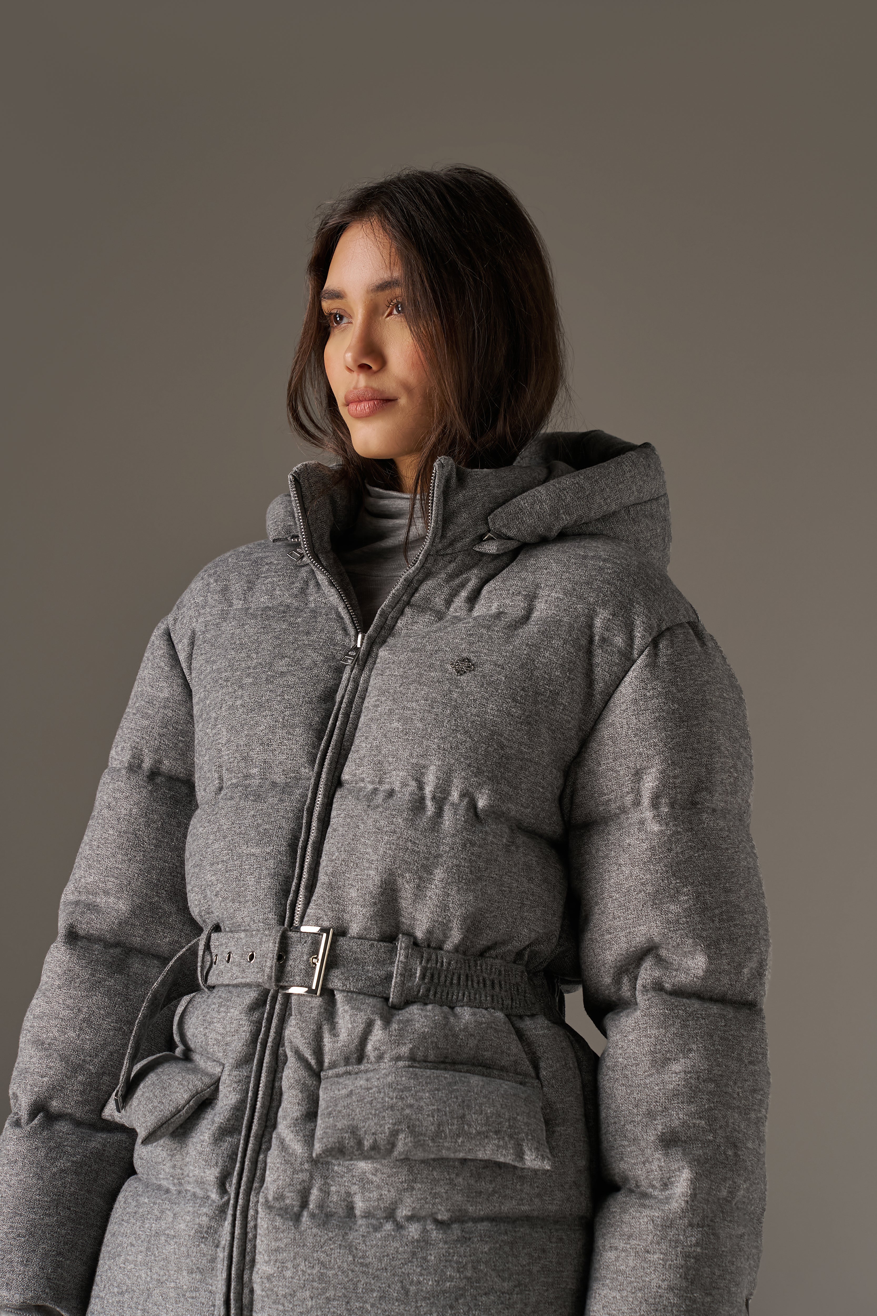 WOVEN BELTED PUFFER COAT - GREY