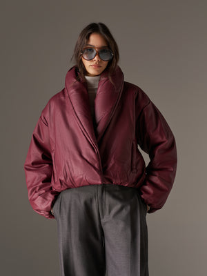 OVERSIZED COLLAR FAUX LEATHER PUFFER COAT - BURGUNDY