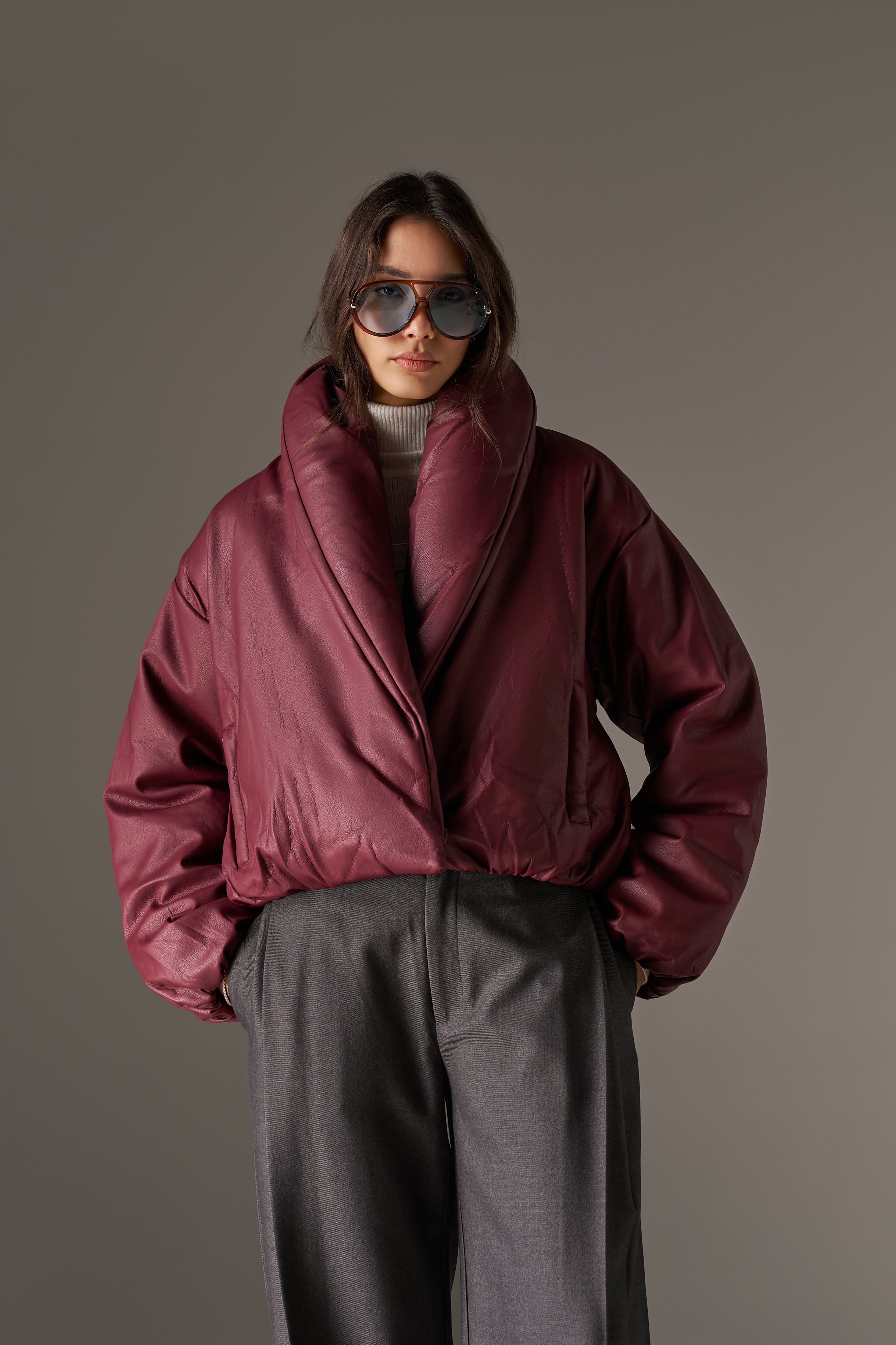 OVERSIZED COLLAR FAUX LEATHER PUFFER COAT - BURGUNDY