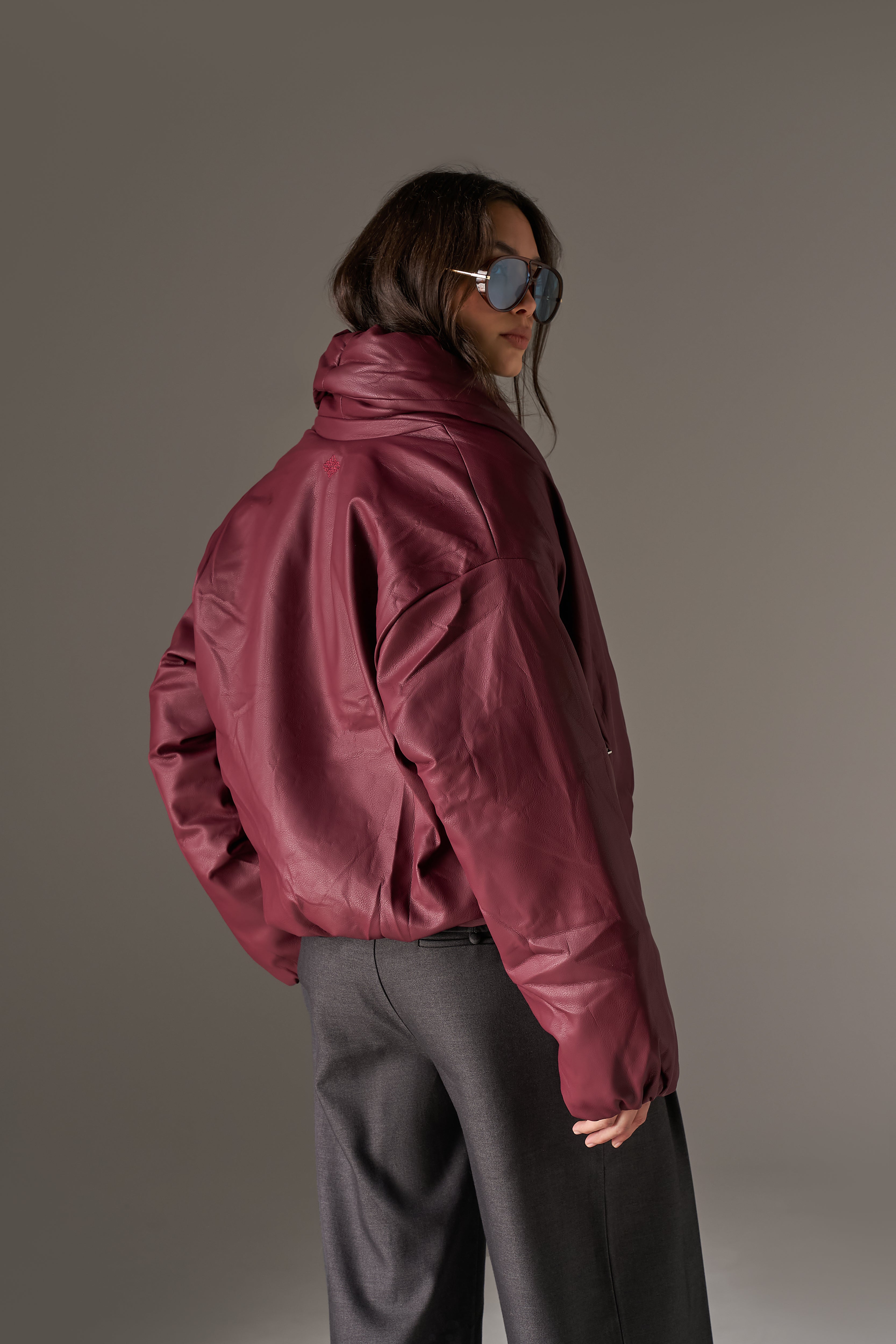 OVERSIZED COLLAR FAUX LEATHER PUFFER COAT - BURGUNDY