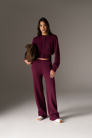 EMBLEM EMBROIDERED KNIT CROP CARDIGAN - PLUM