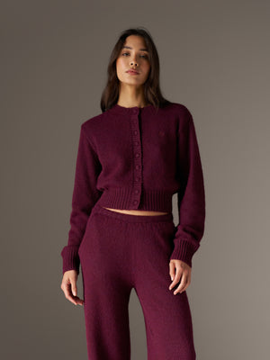 EMBLEM EMBROIDERED KNIT CROP CARDIGAN - PLUM