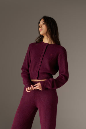 EMBLEM EMBROIDERED KNIT CROP CARDIGAN - PLUM