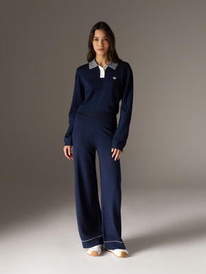 LONG SLEEVE KNITTED COLLAR POLO TOP - NAVY