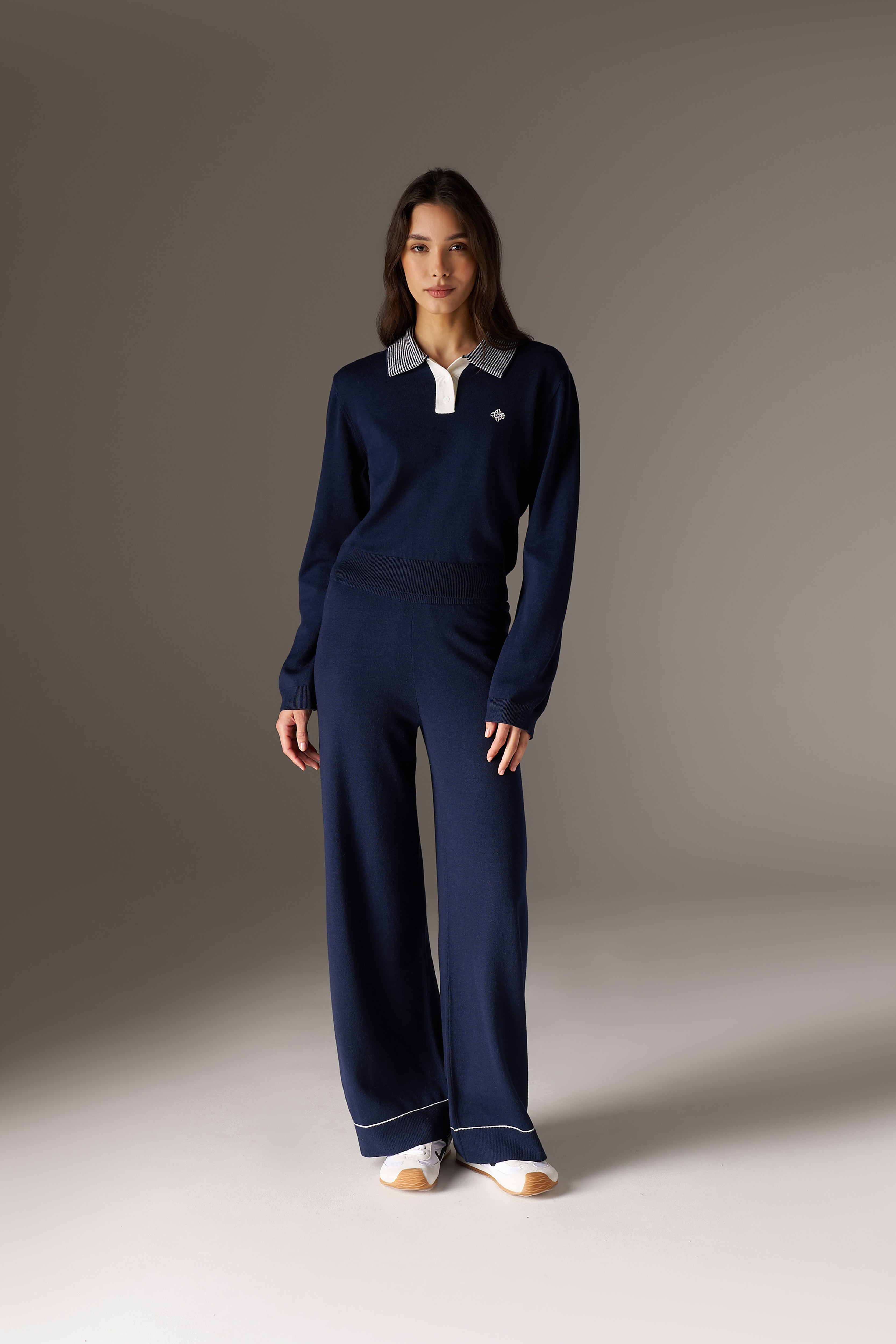LONG SLEEVE KNITTED COLLAR POLO TOP - NAVY