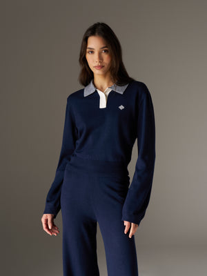 LONG SLEEVE KNITTED COLLAR POLO TOP - NAVY