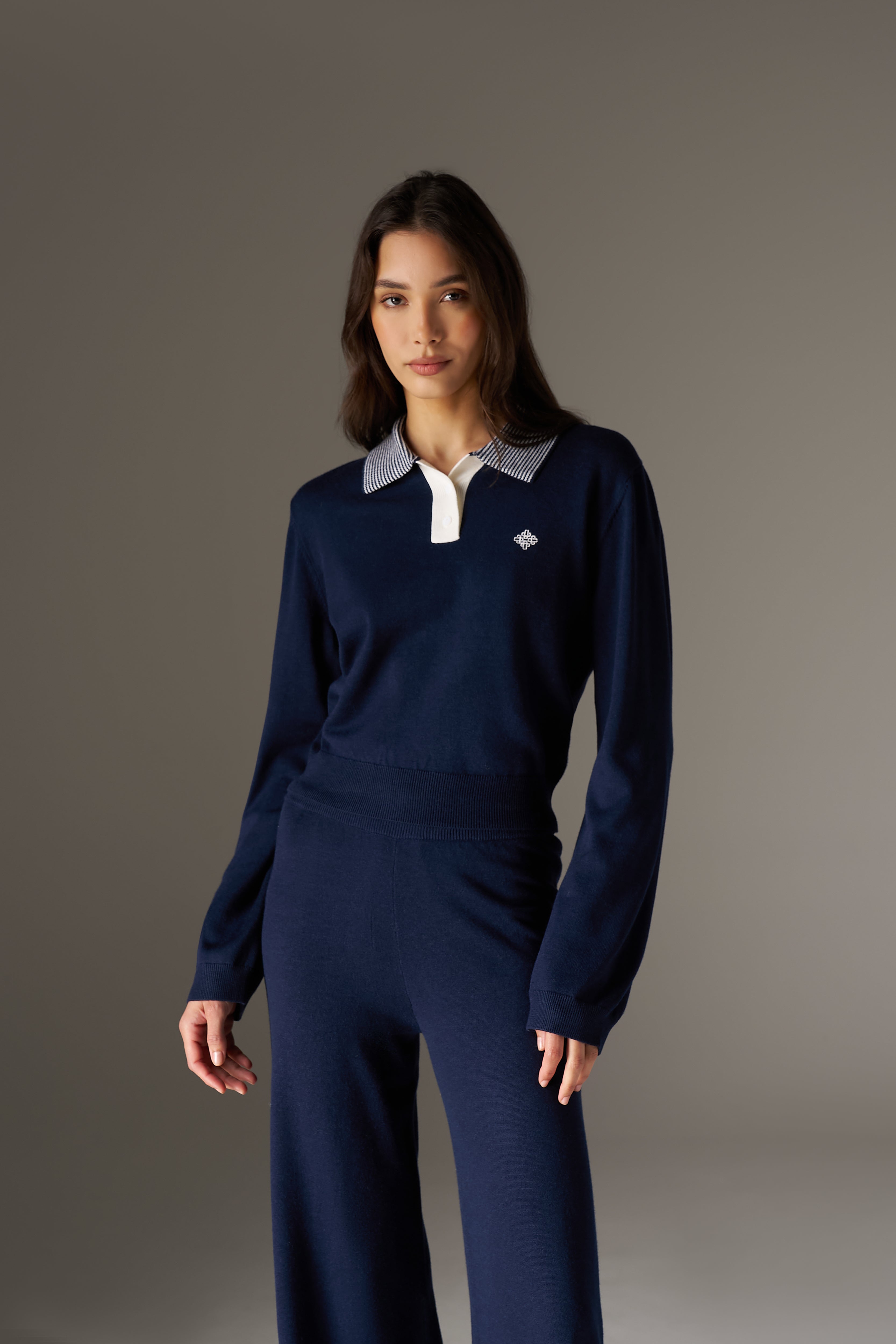 LONG SLEEVE KNITTED COLLAR POLO TOP - NAVY
