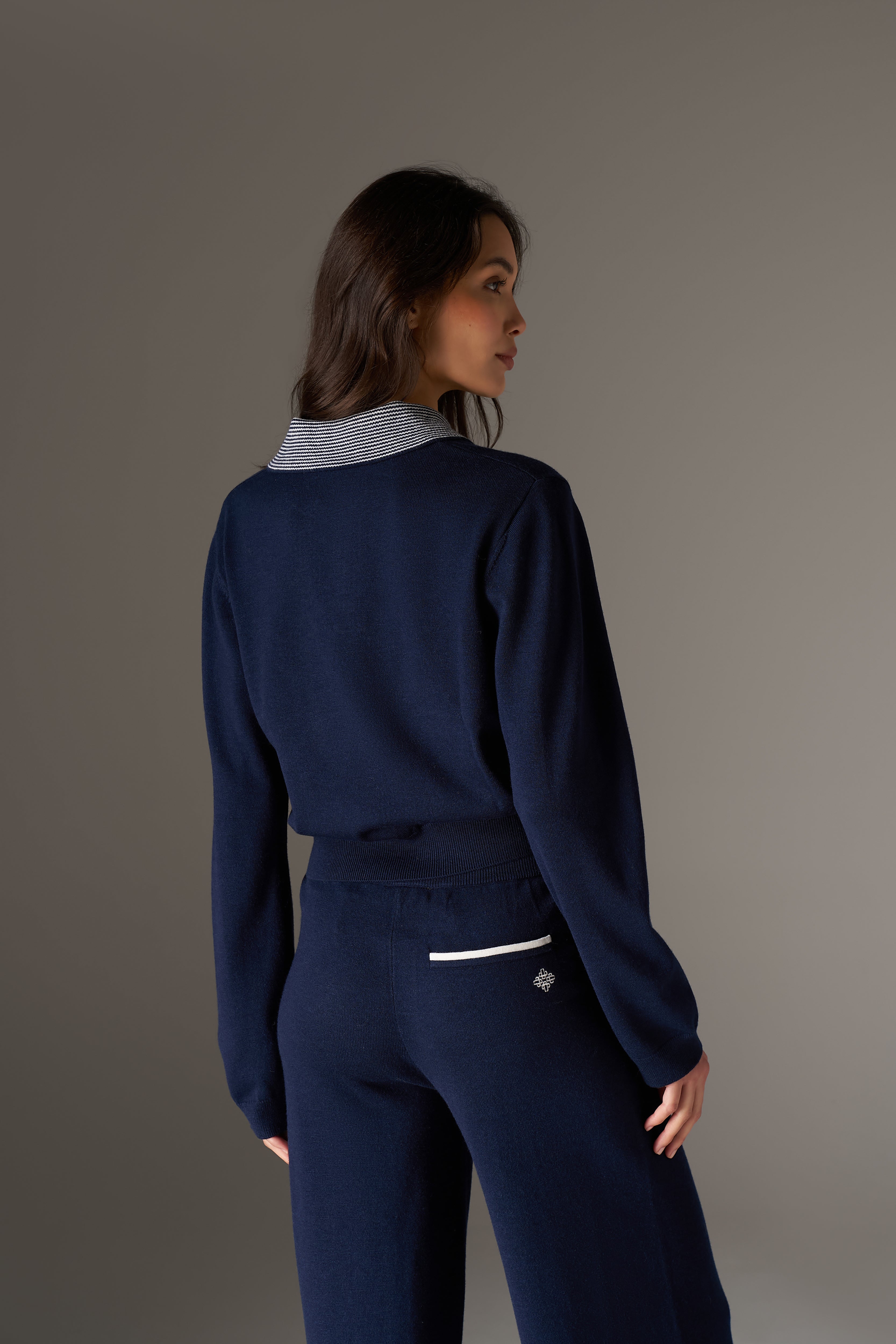 LONG SLEEVE KNITTED COLLAR POLO TOP - NAVY