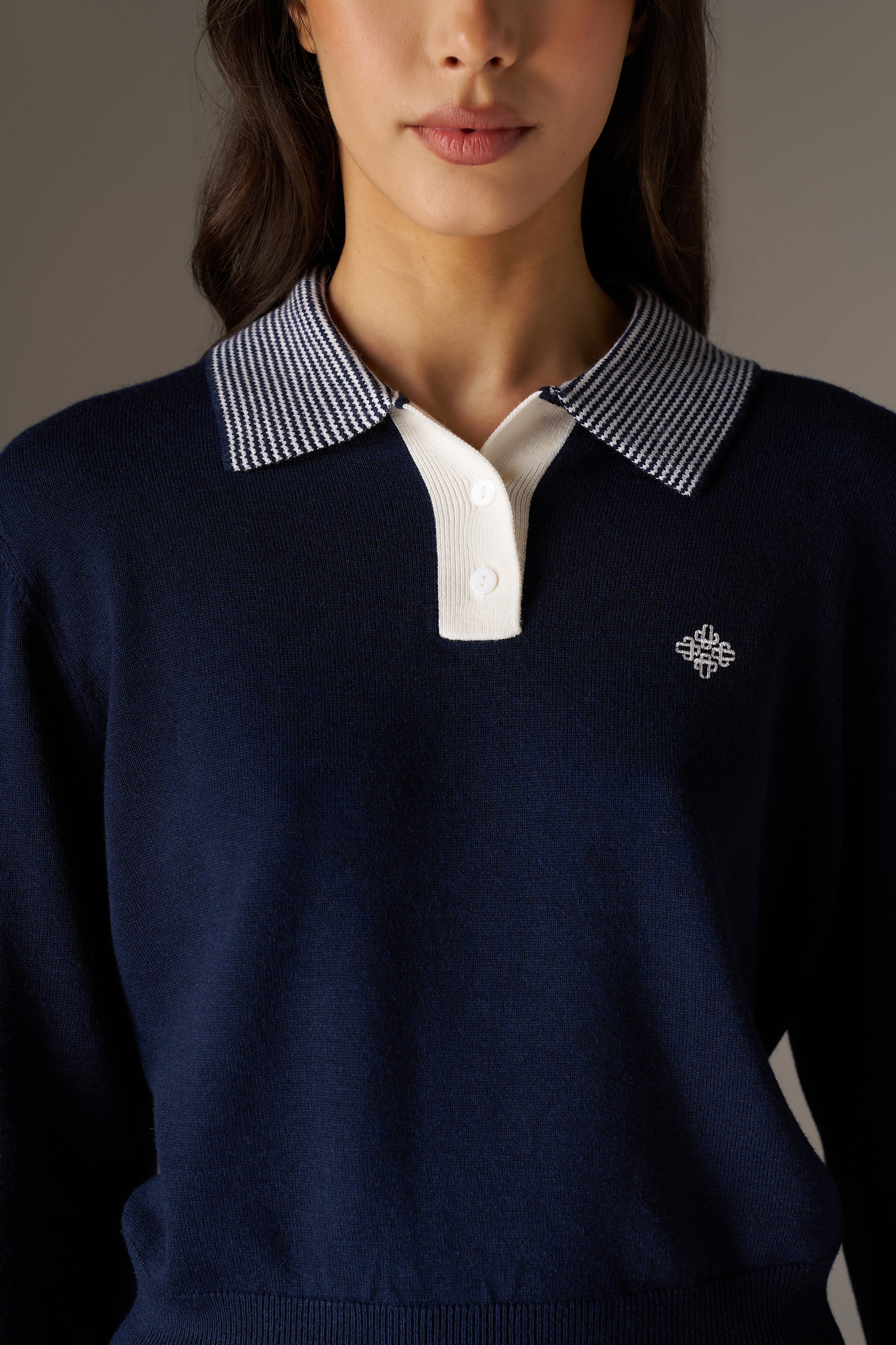 LONG SLEEVE KNITTED COLLAR POLO TOP - NAVY