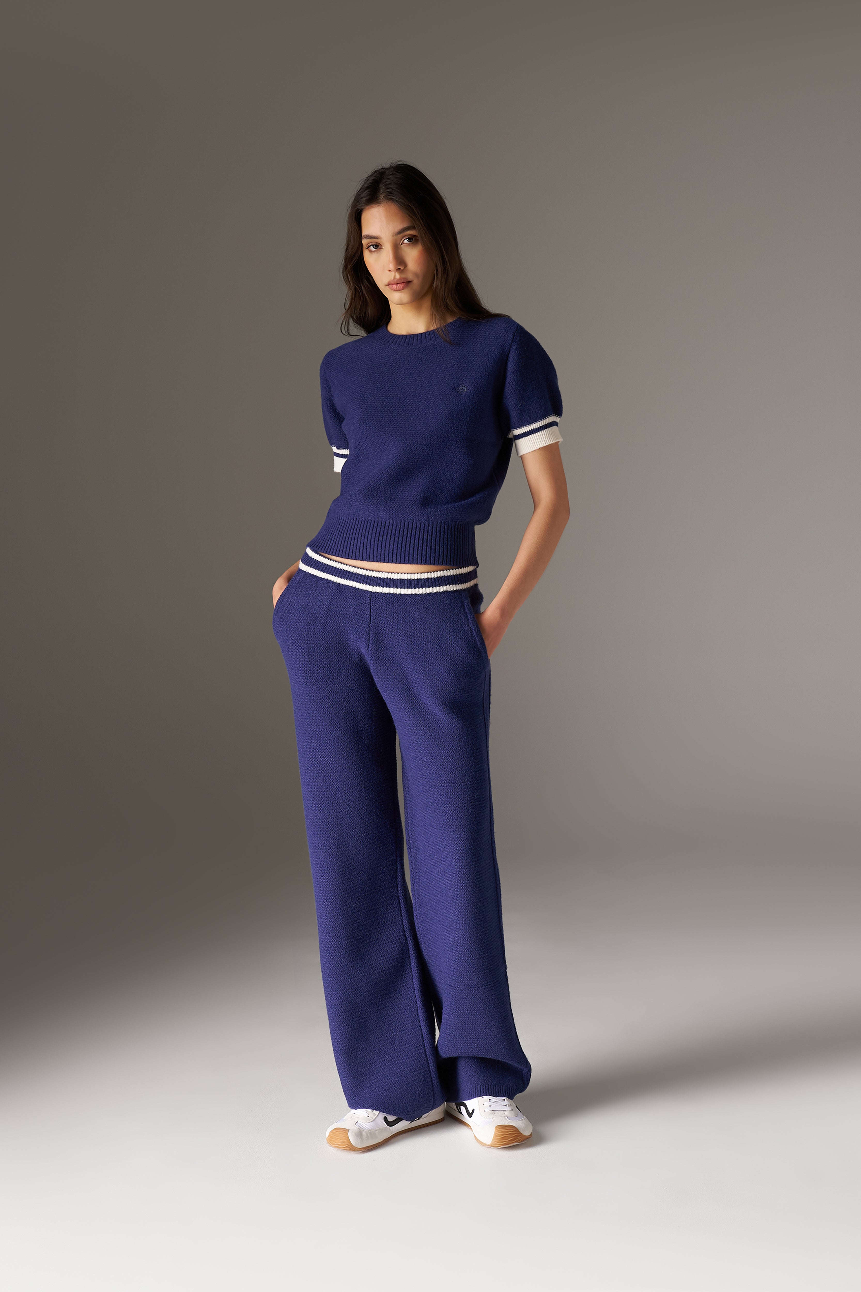 CONTRAST STRIPE KNITTED JOGGERS - NAVY