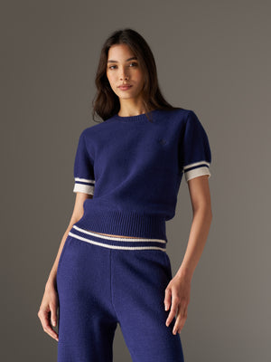 CONTRAST STRIPE SHORT SLEEVE KNIT TEE - NAVY