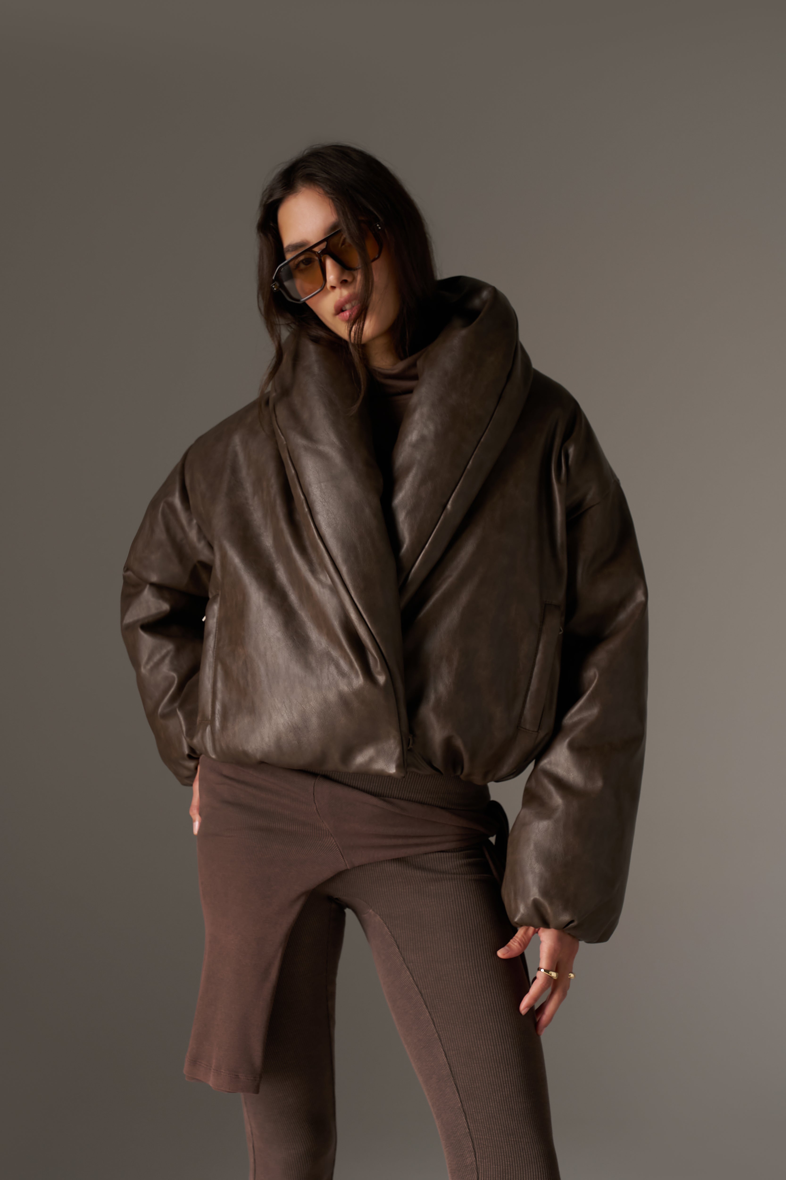 OVERSIZED COLLAR DISTRESSED FAUX LEATHER PUFFER COAT - BROWN