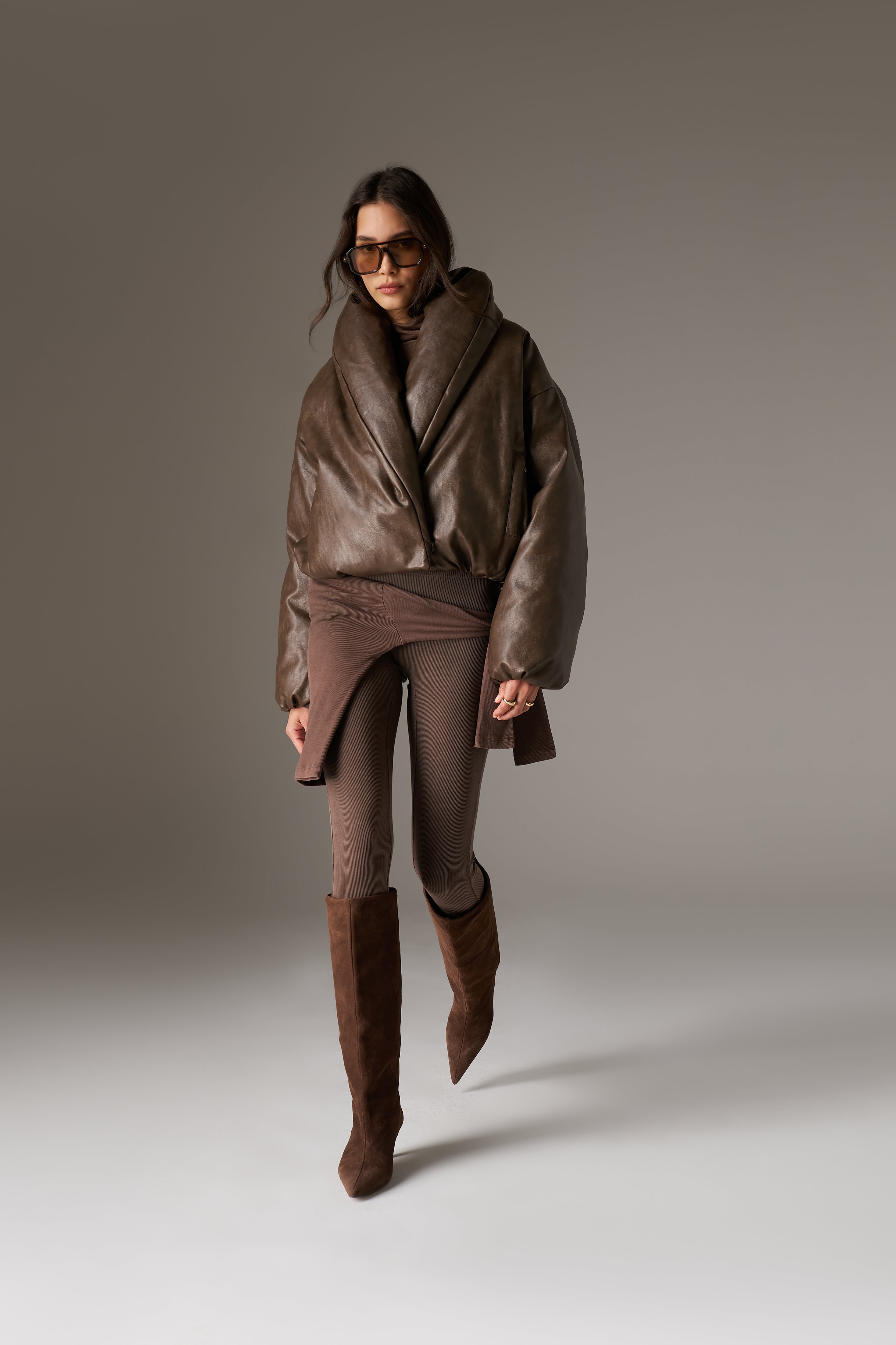 OVERSIZED COLLAR DISTRESSED FAUX LEATHER PUFFER COAT - BROWN