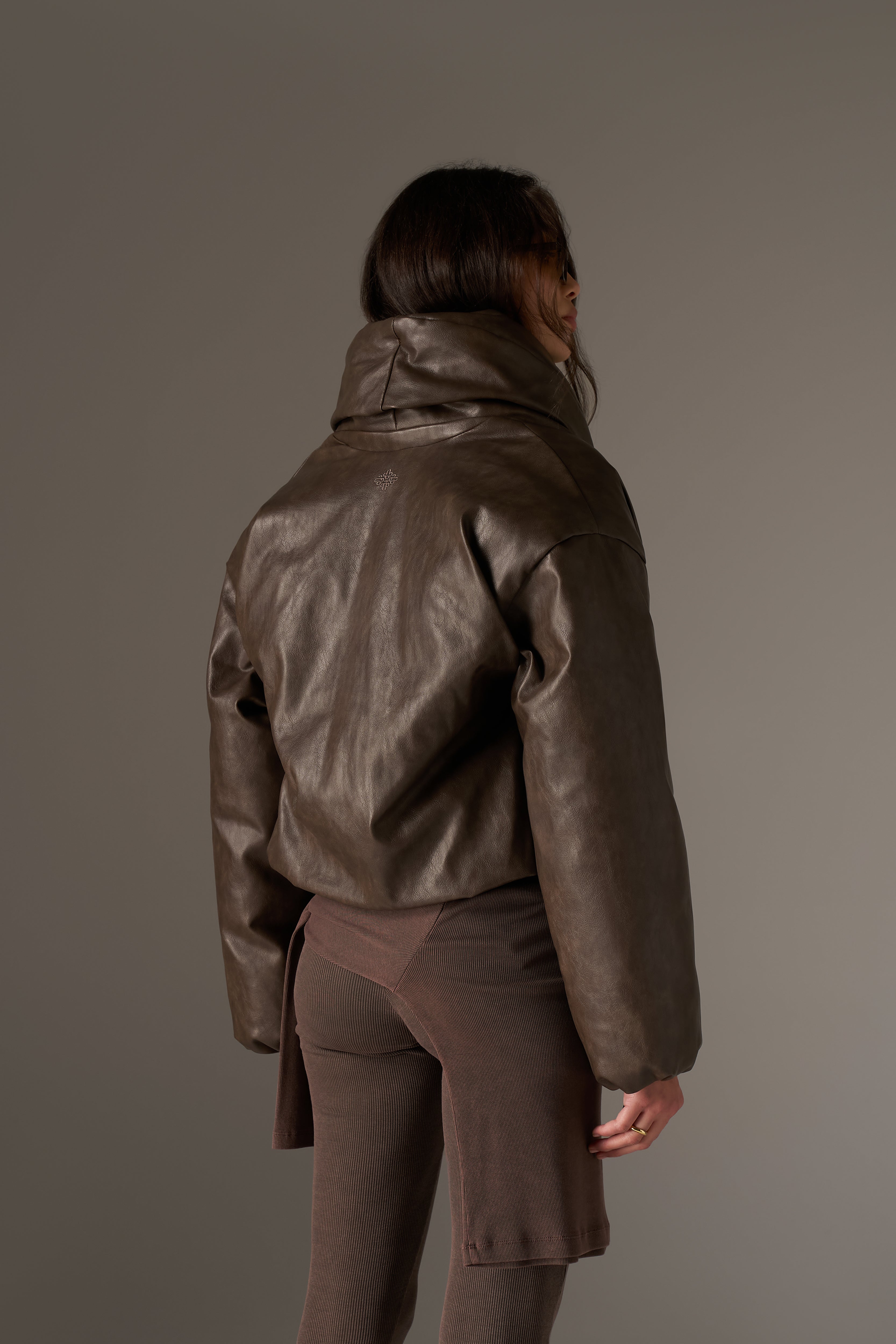 OVERSIZED COLLAR DISTRESSED FAUX LEATHER PUFFER COAT - BROWN