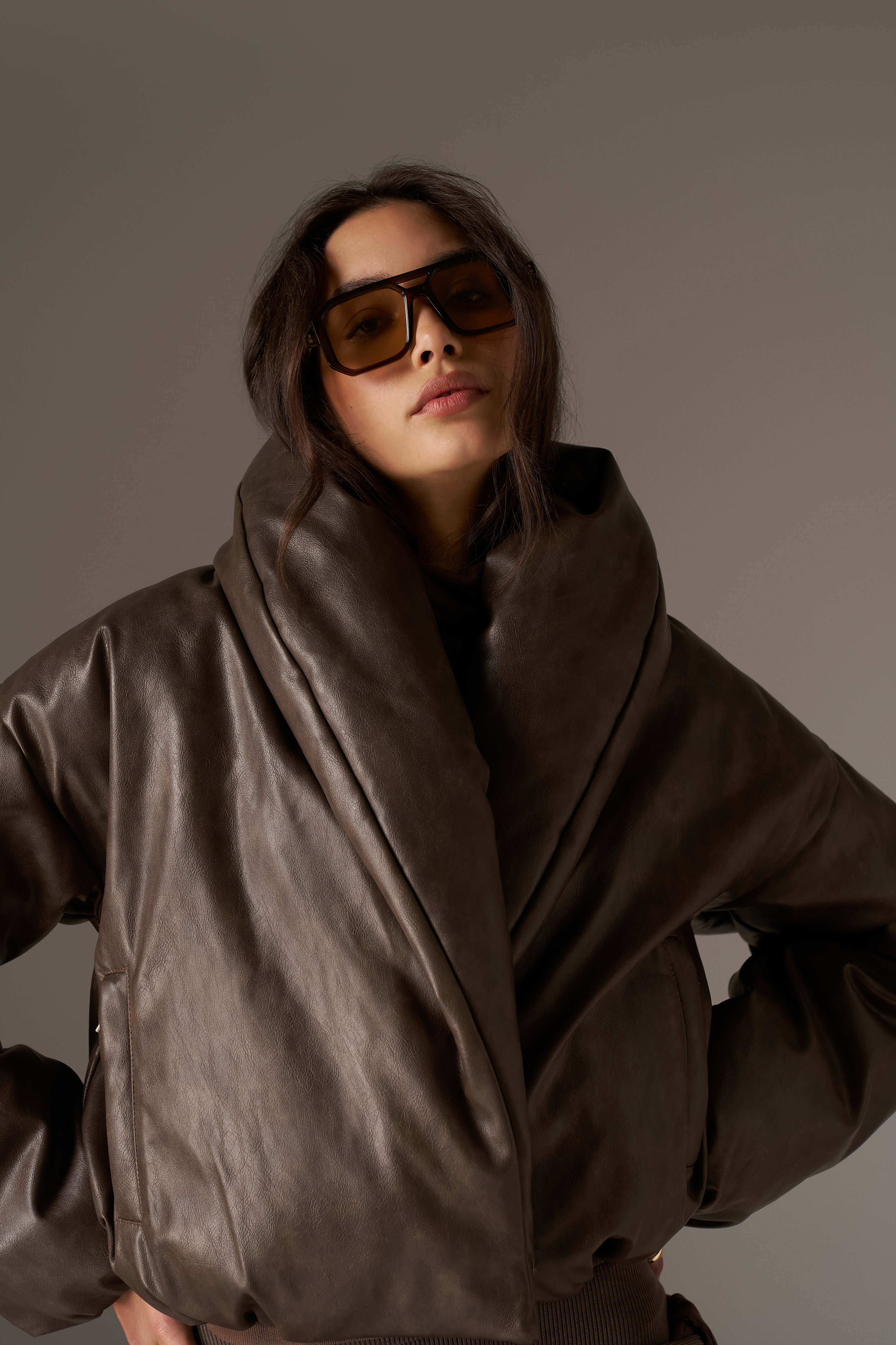 OVERSIZED COLLAR DISTRESSED FAUX LEATHER PUFFER COAT - BROWN