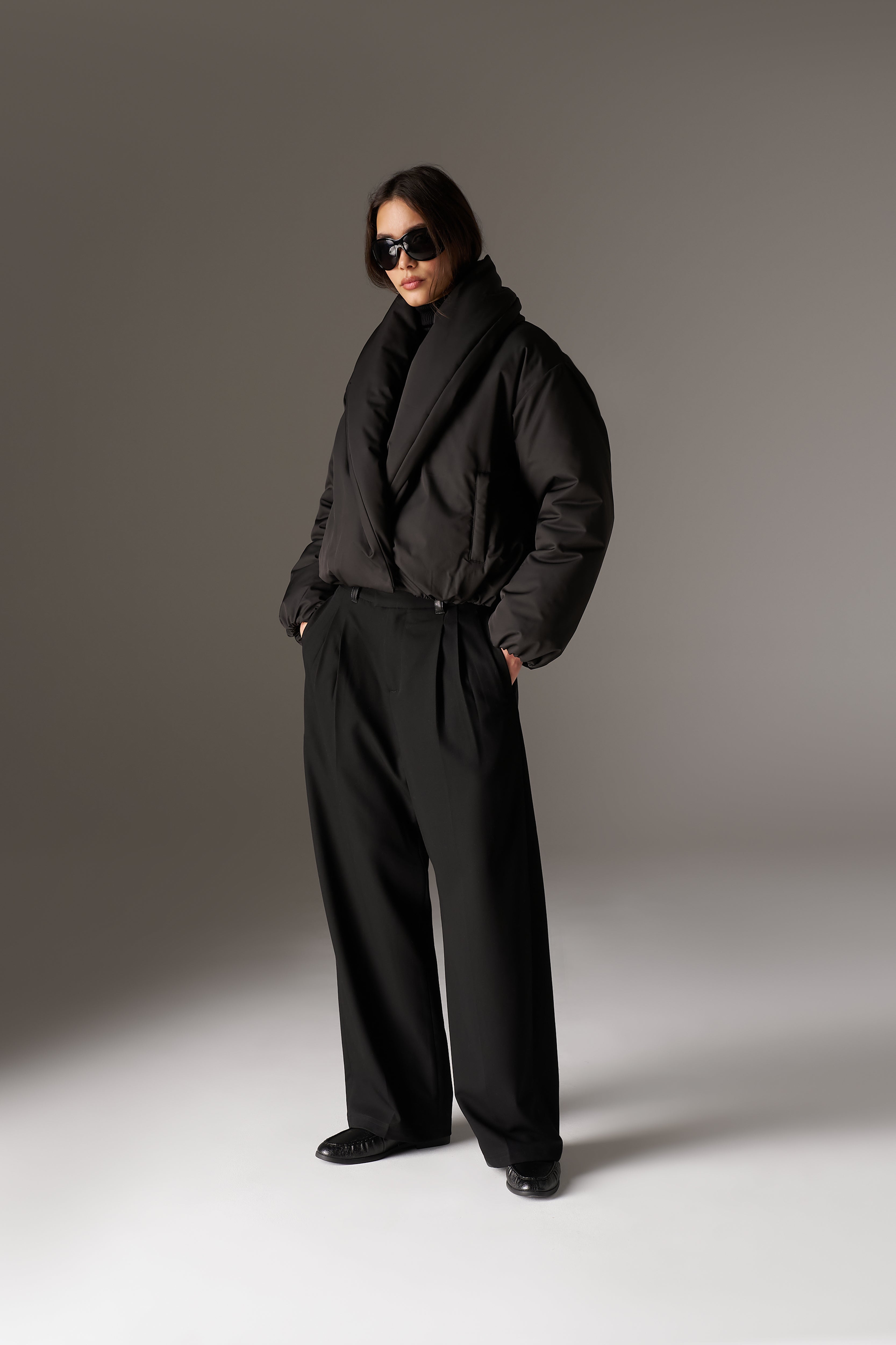 OVERSIZED COLLAR NYLON PUFFER COAT - BLACK