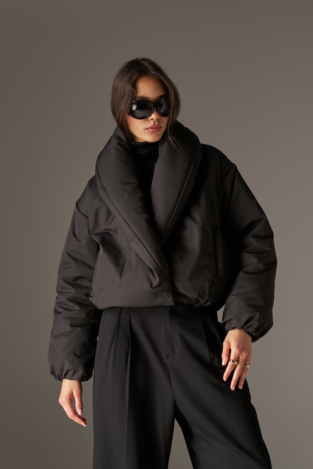 OVERSIZED COLLAR NYLON PUFFER COAT - BLACK