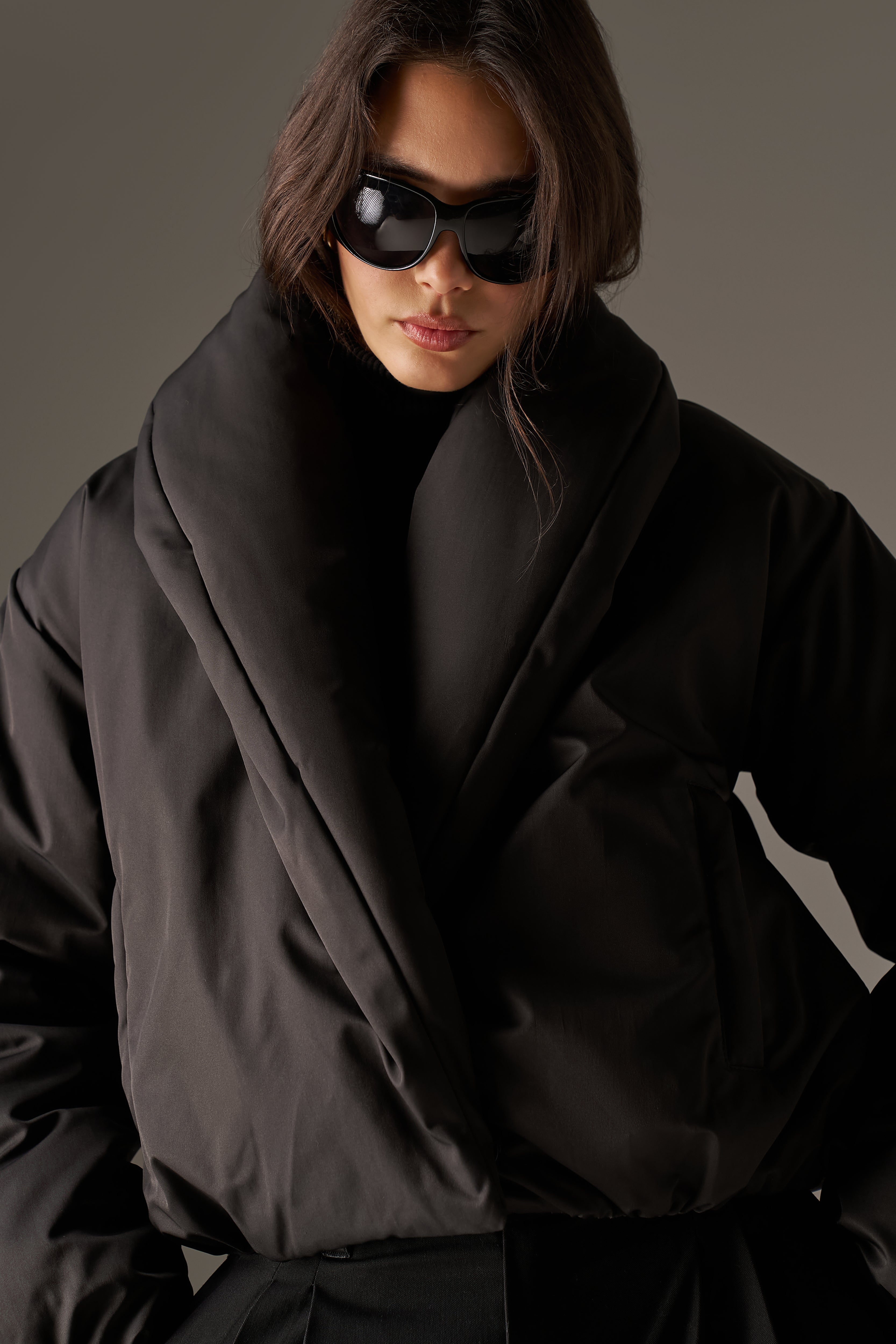 OVERSIZED COLLAR NYLON PUFFER COAT - BLACK
