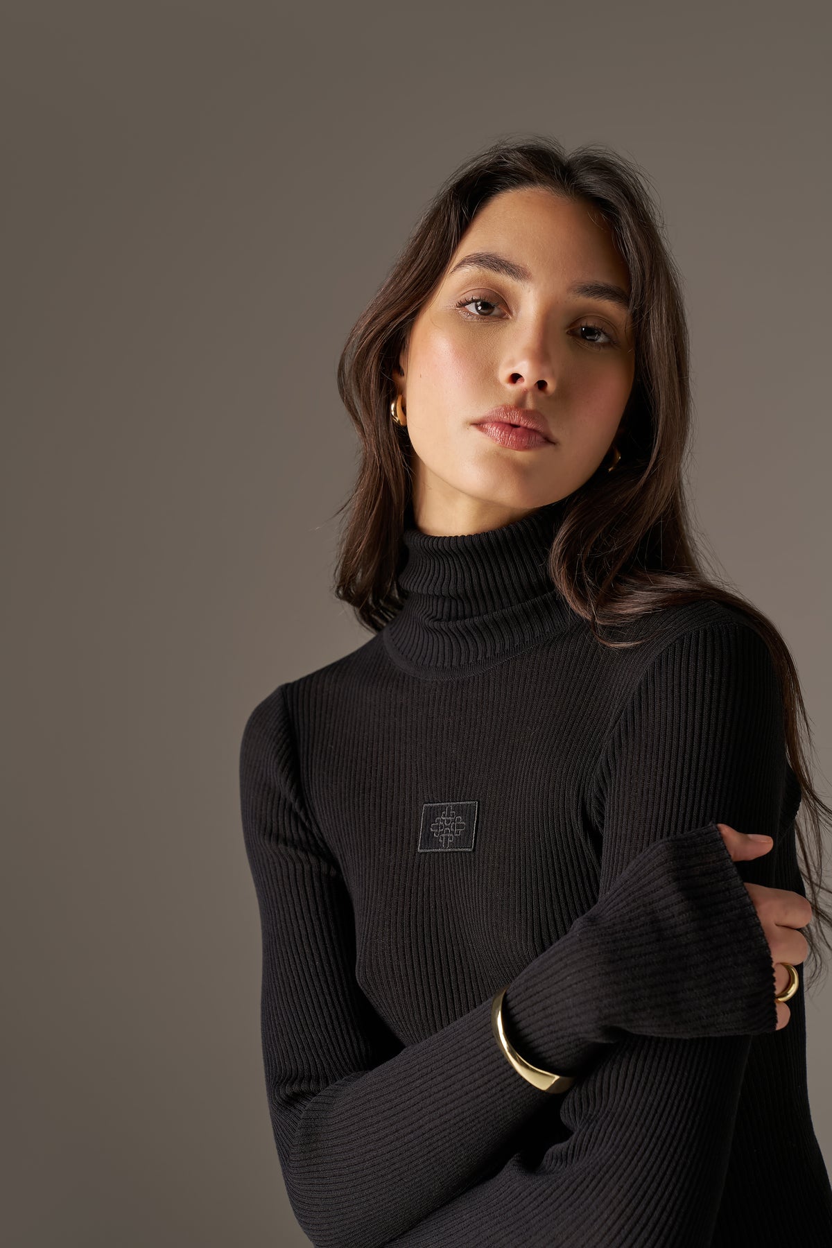 RIBBED ROLL NECK TOP - BLACK