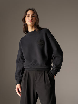 CHENILLE EMBLEM MOCK NECK CREW - BLACK