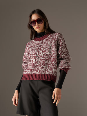 EMBLEM MIXED YARN OVERSIZED KNIT JUMPER - BURGUNDY