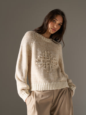 EMBLEM MIXED YARN OVERSIZED KNIT JUMPER - BEIGE
