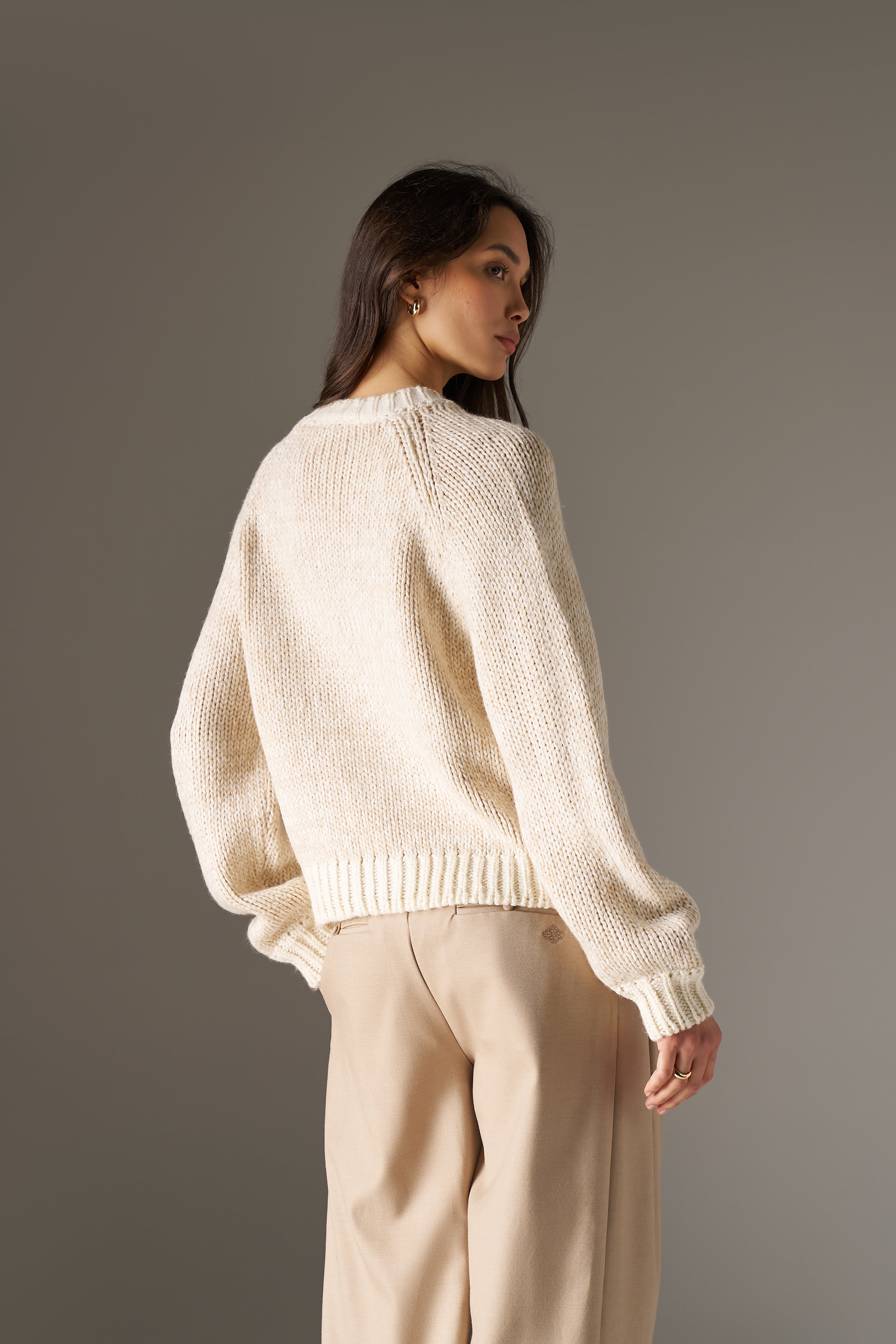 EMBLEM MIXED YARN OVERSIZED KNIT JUMPER - BEIGE – The Couture Club