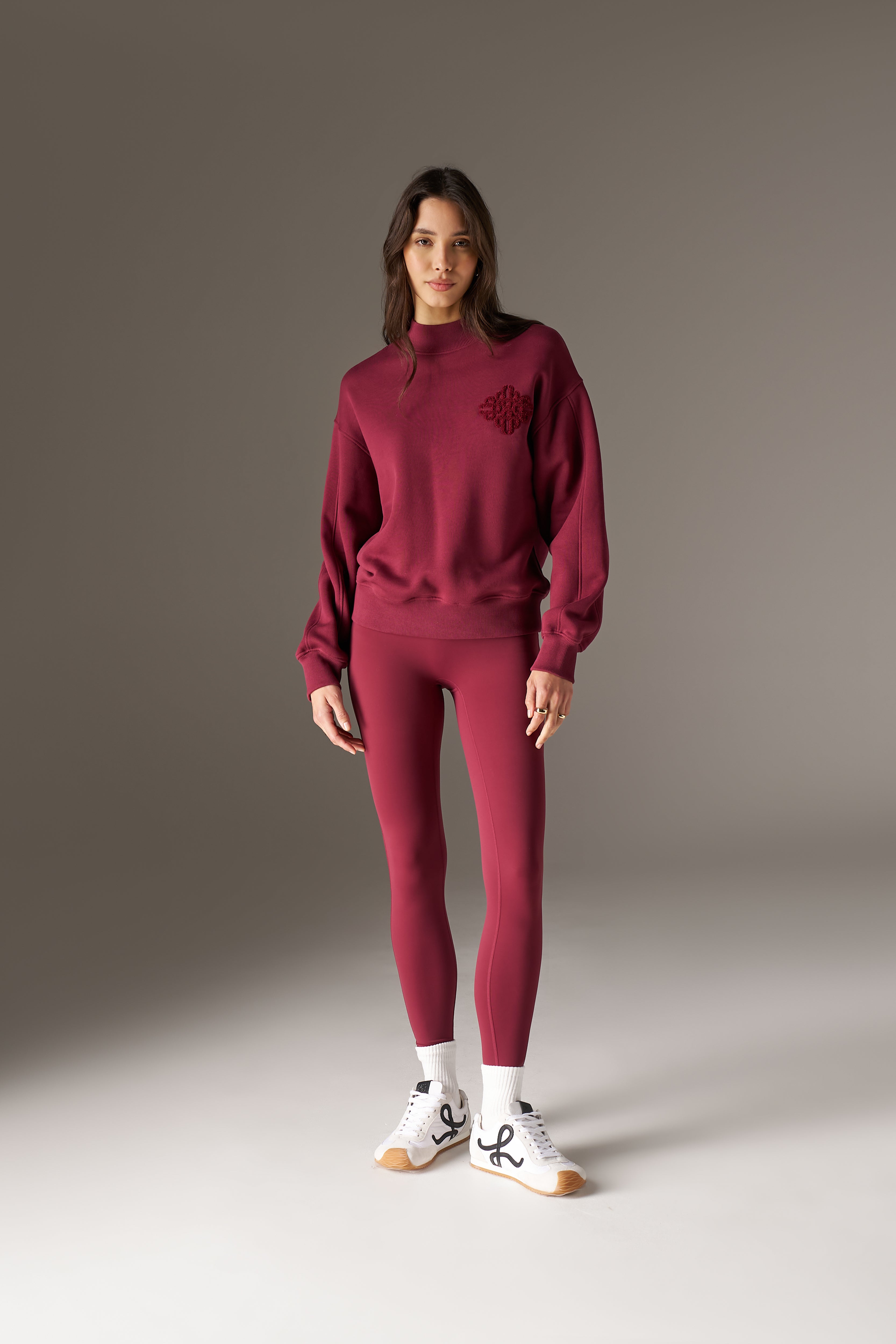 CHENILLE EMBLEM MOCK NECK CREW - BURGUNDY