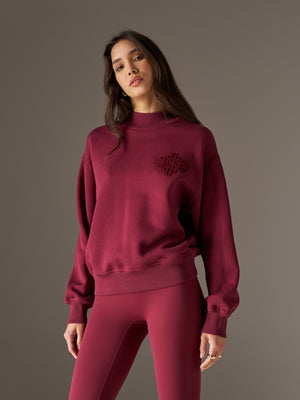 CHENILLE EMBLEM MOCK NECK CREW - BURGUNDY