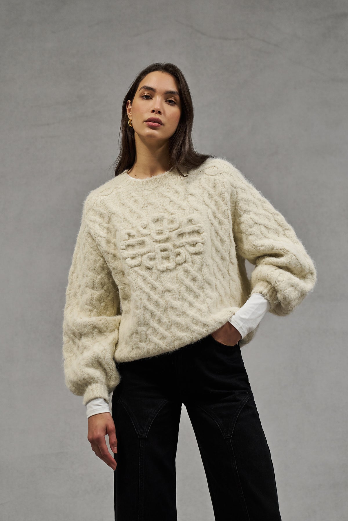 Fluffy Cable Knit Emblem Jumper - Beige