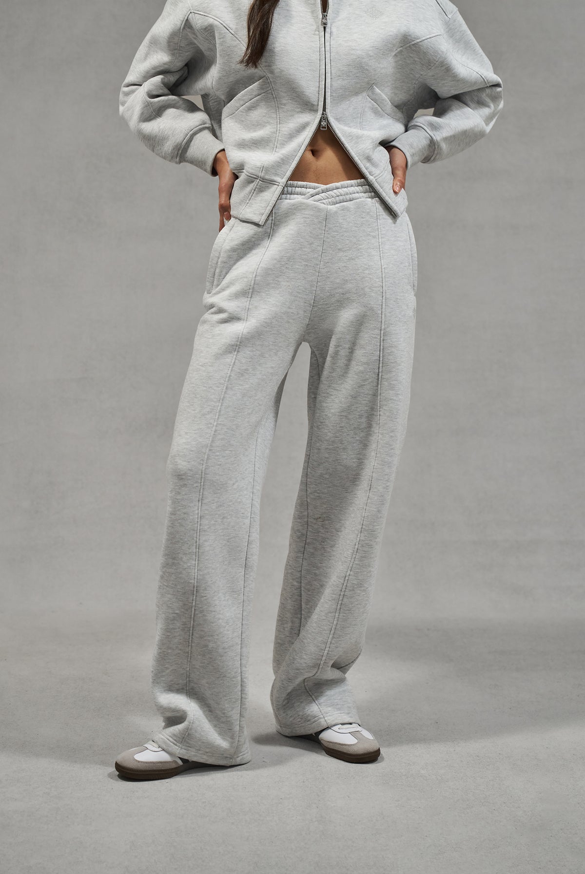 SEAM DETAIL CROSSOVER WAISTBAND JOGGERS - GREY MARL