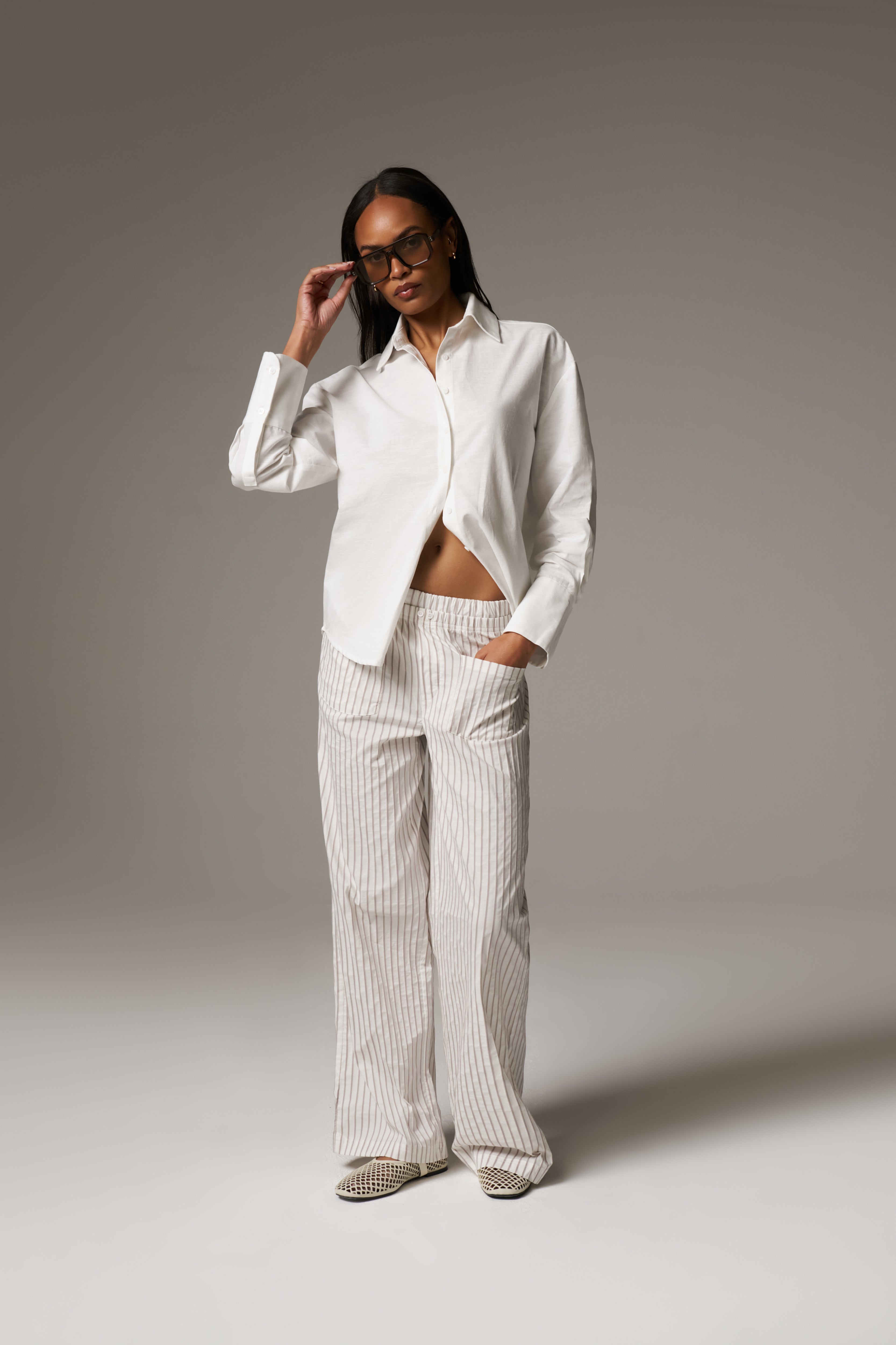 DOUBLE WAISTBAND STRIPE TROUSERS - BEIGE