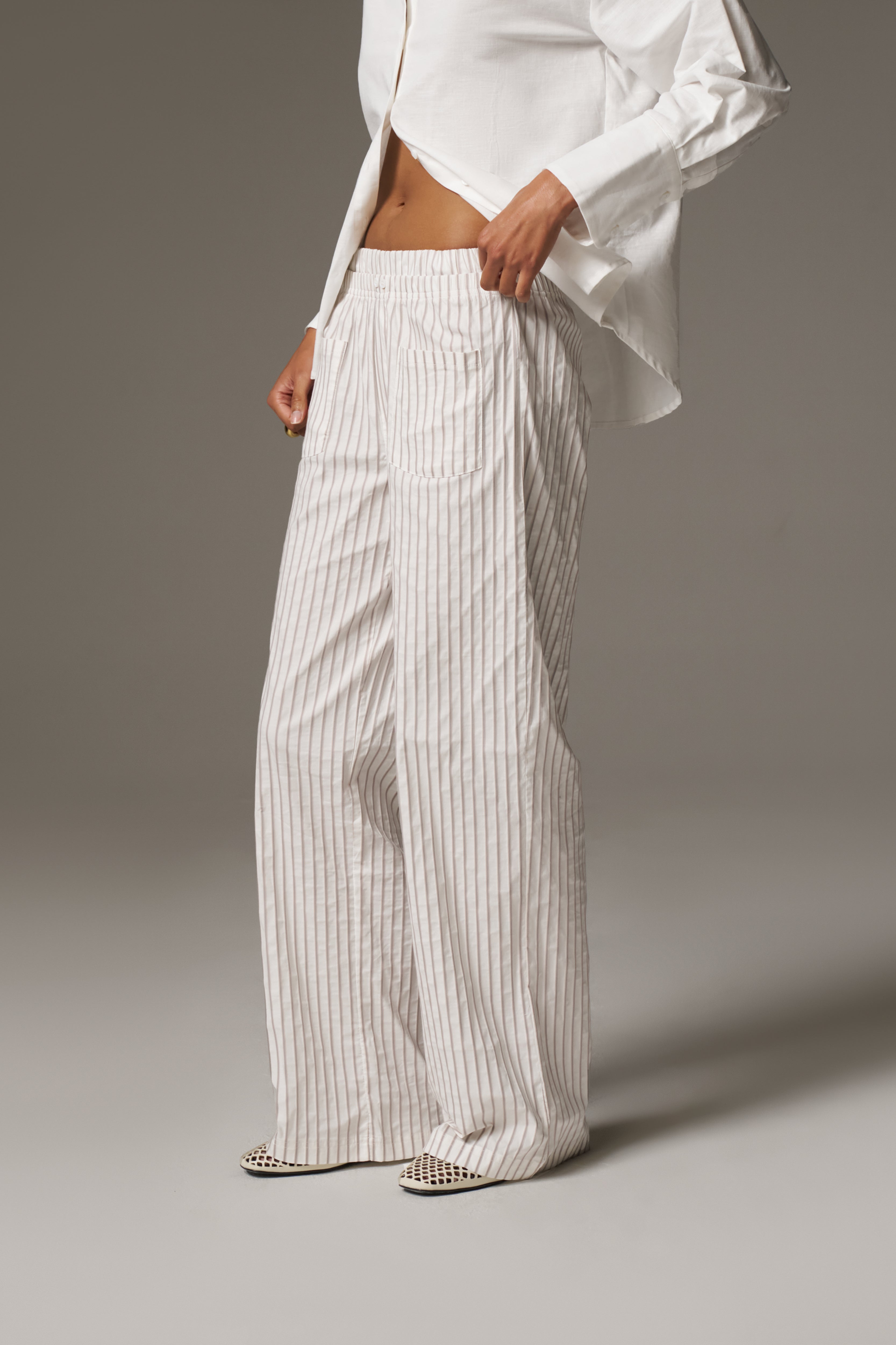 DOUBLE WAISTBAND STRIPE TROUSERS - BEIGE