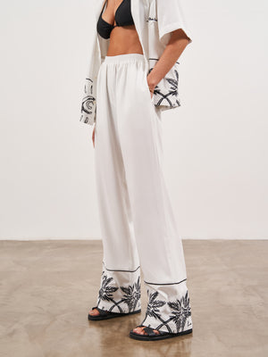 PALM EMBROIDERY WIDE LEG TROUSERS - WHITE