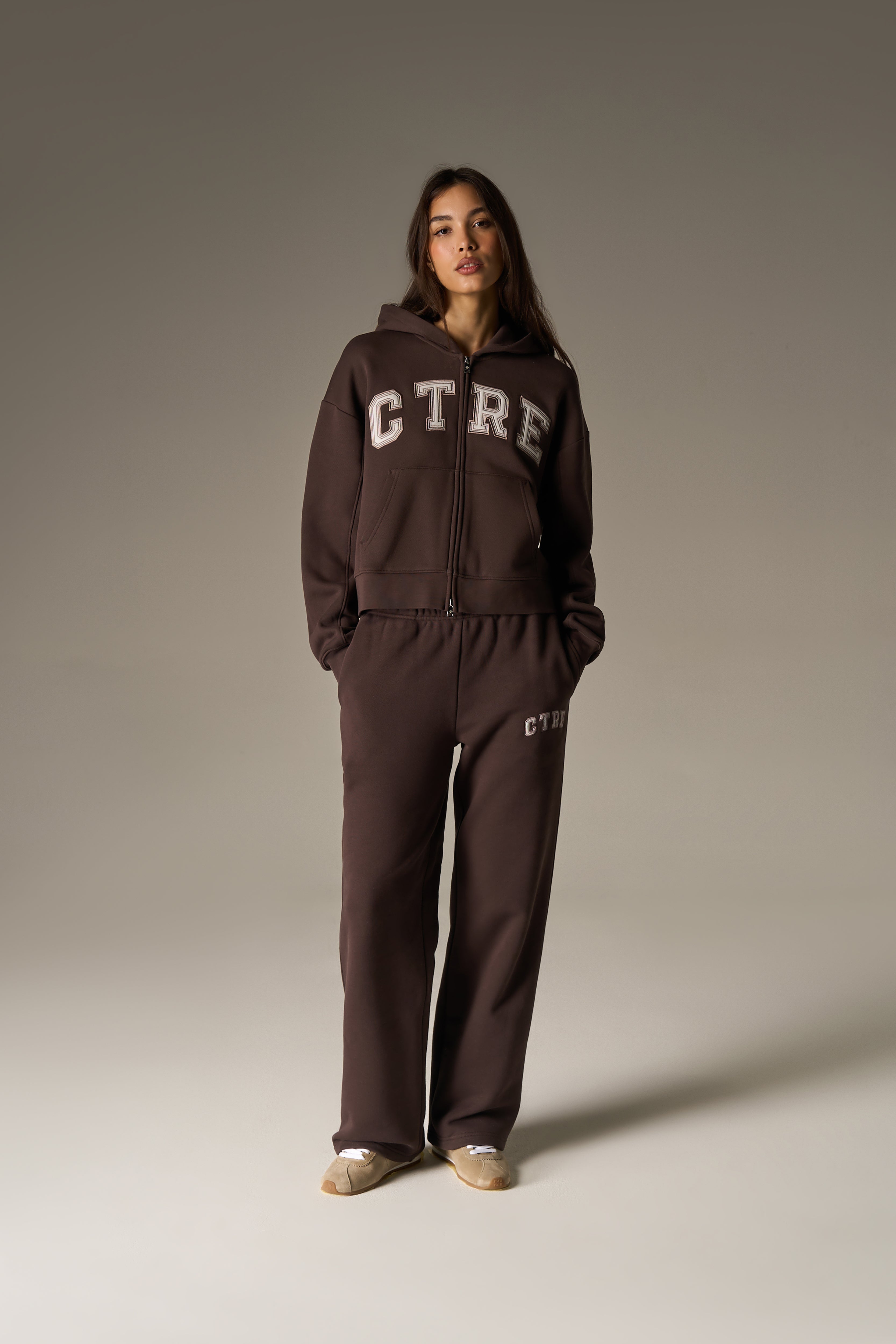 CTRE APPLIQUE ZIP THROUGH HOODIE - BROWN