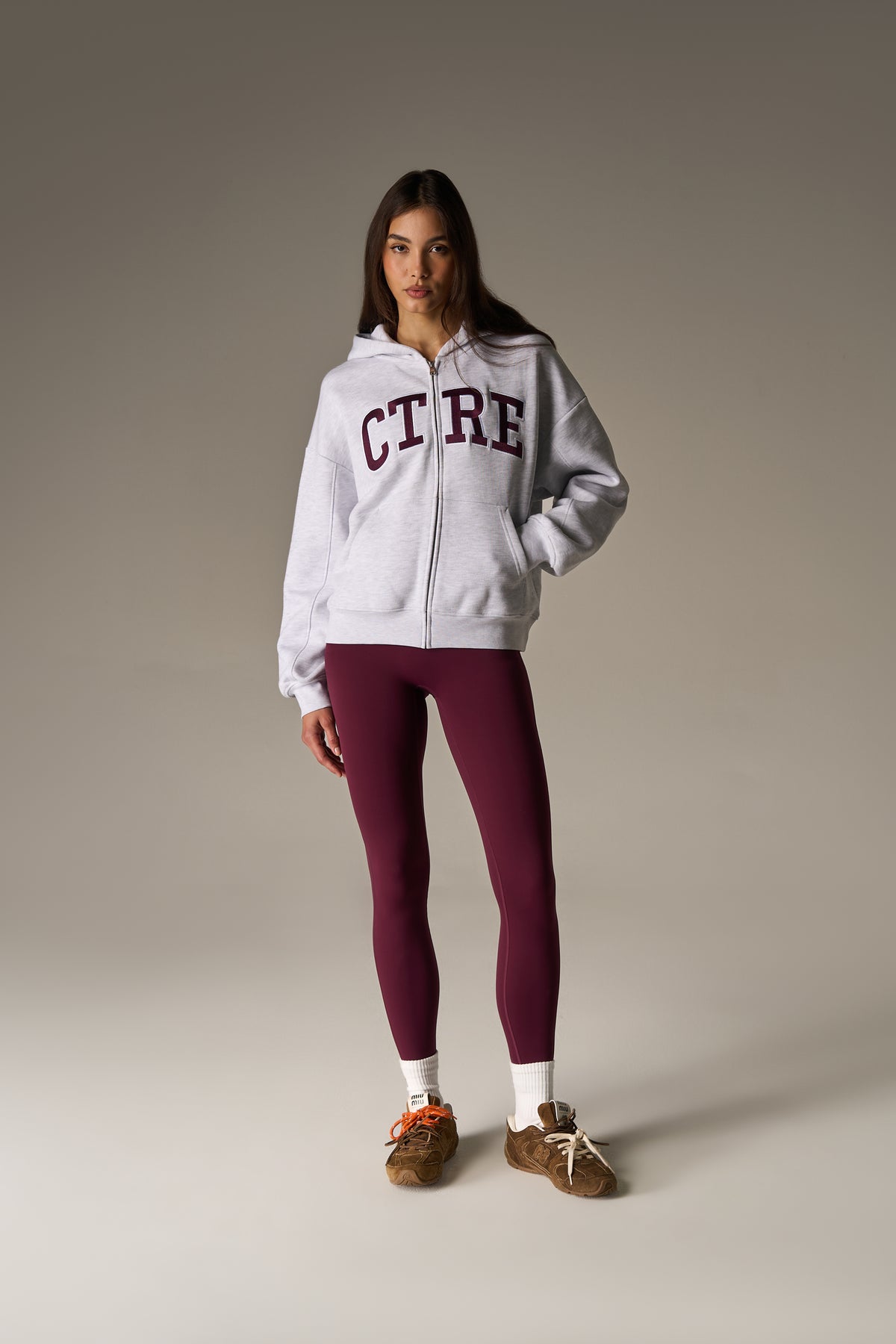 EMBROIDERED CTRE ZIP THROUGH HOODIE - GREY MARL
