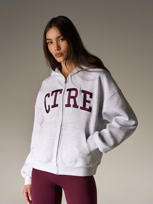 EMBROIDERED CTRE ZIP THROUGH HOODIE - GREY MARL