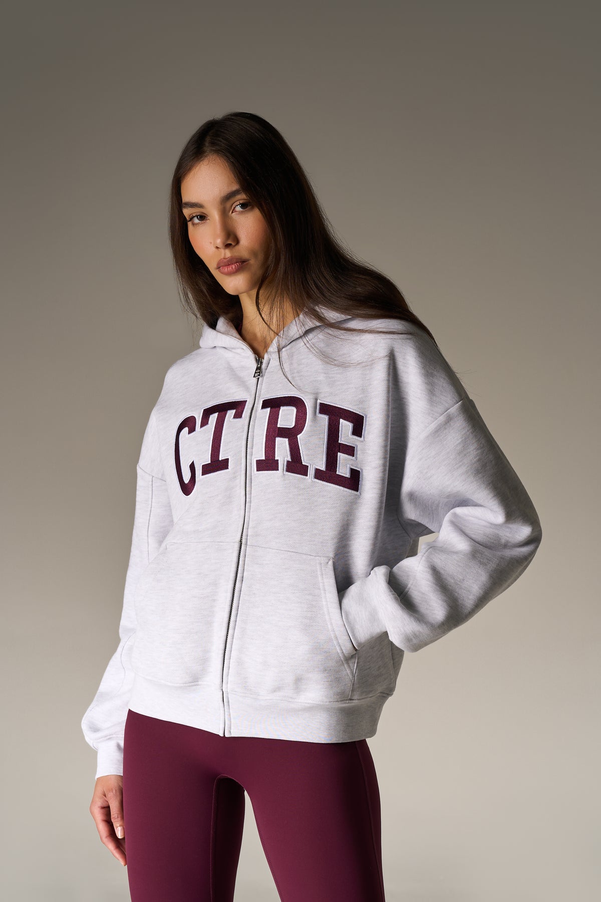 EMBROIDERED CTRE ZIP THROUGH HOODIE - GREY MARL