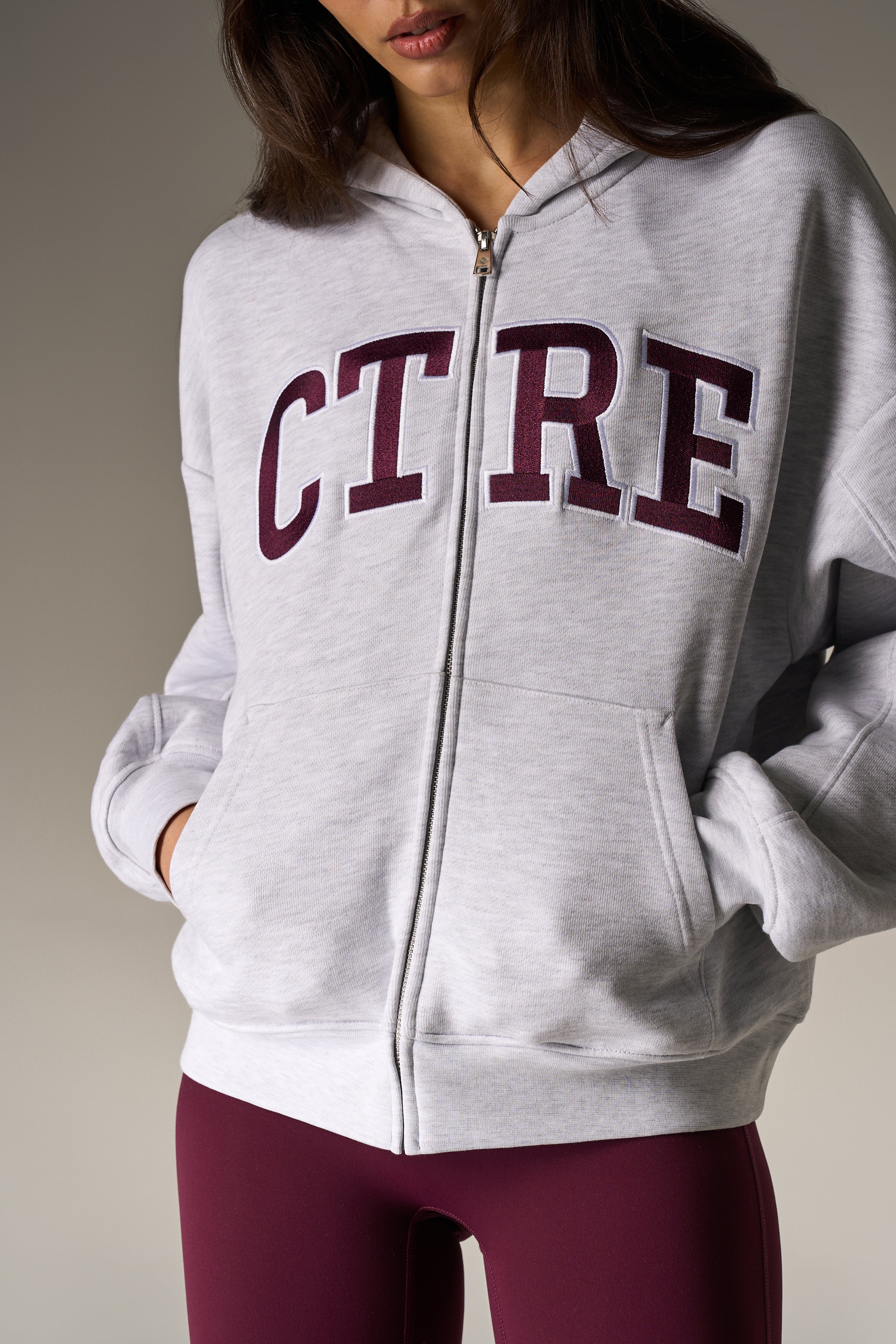 EMBROIDERED CTRE ZIP THROUGH HOODIE - GREY MARL