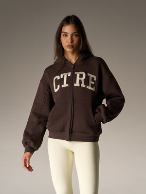 EMBROIDERED CTRE ZIP THROUGH HOODIE - CHOCOLATE
