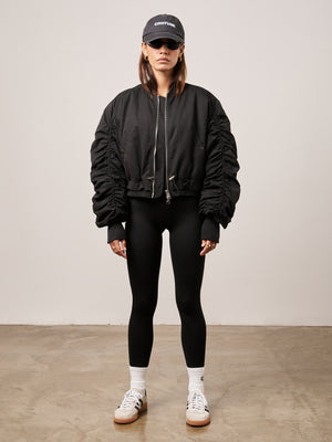 RUCHED DETAIL PEACHED BOMBER JACKET - BLACK
