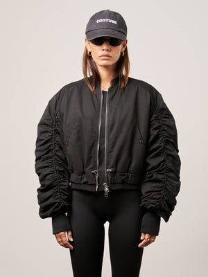RUCHED DETAIL PEACHED BOMBER JACKET - BLACK