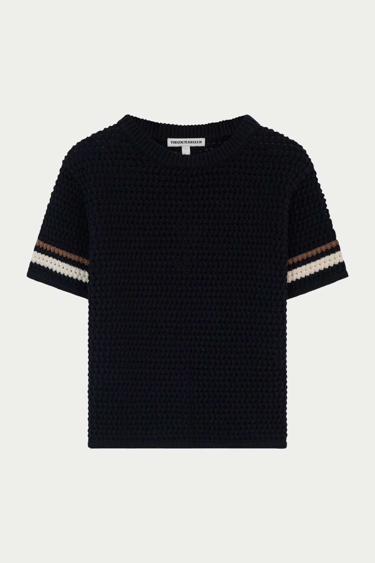 JUNIOR STRIPE CROCHET KNIT T-SHIRT - BLACK
