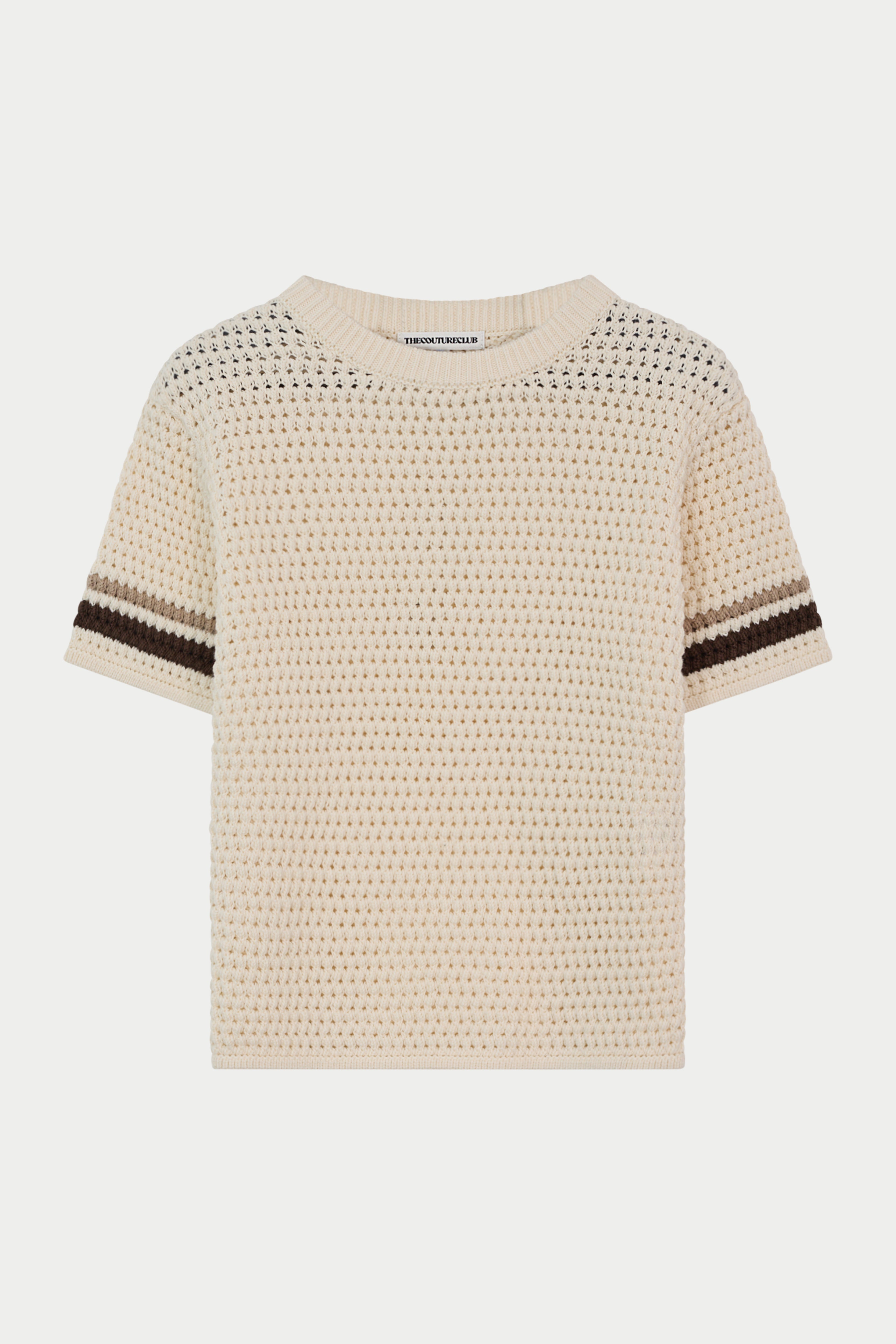 JUNIOR STRIPE CROCHET KNIT T-SHIRT - OFF WHITE