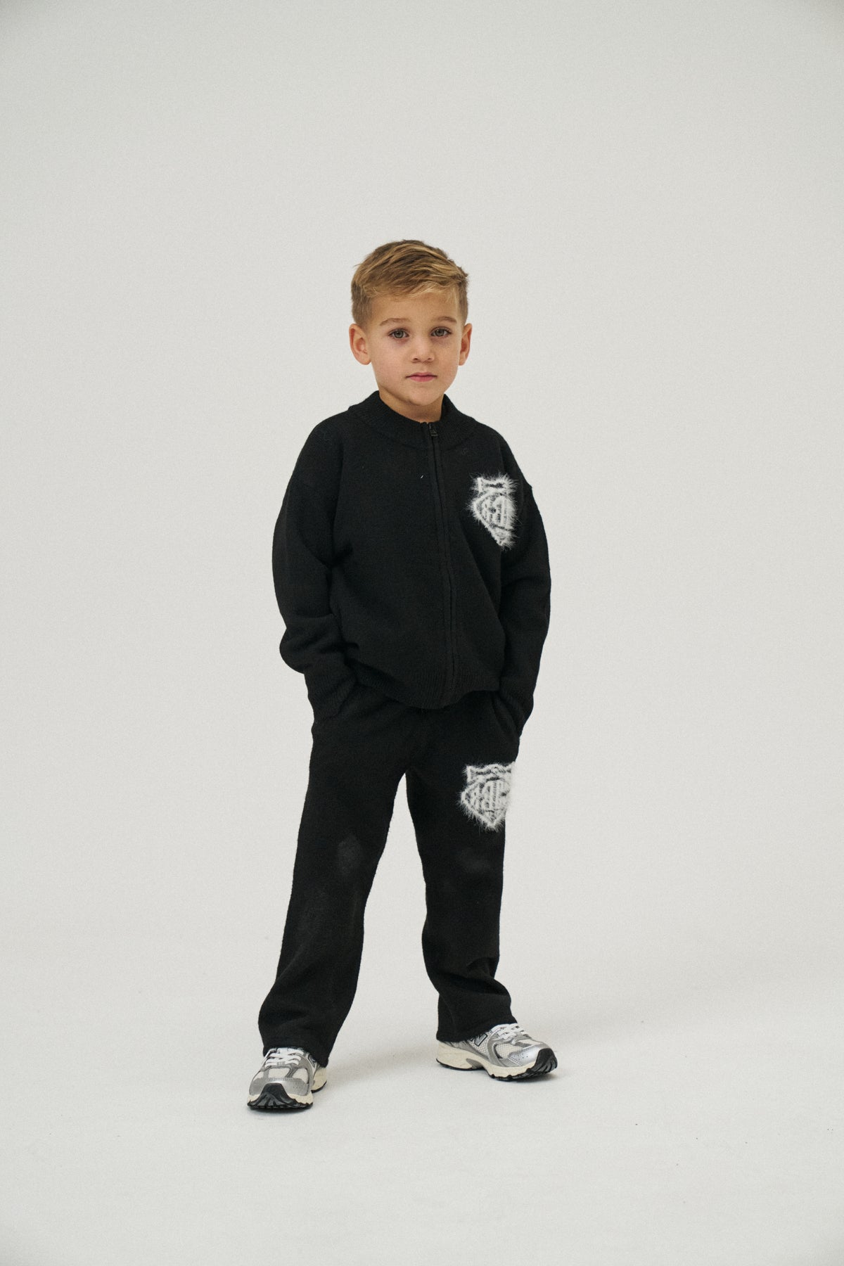 KIDS MONOGRAM FLUFFY KNIT ZIP THROUGH - BLACK