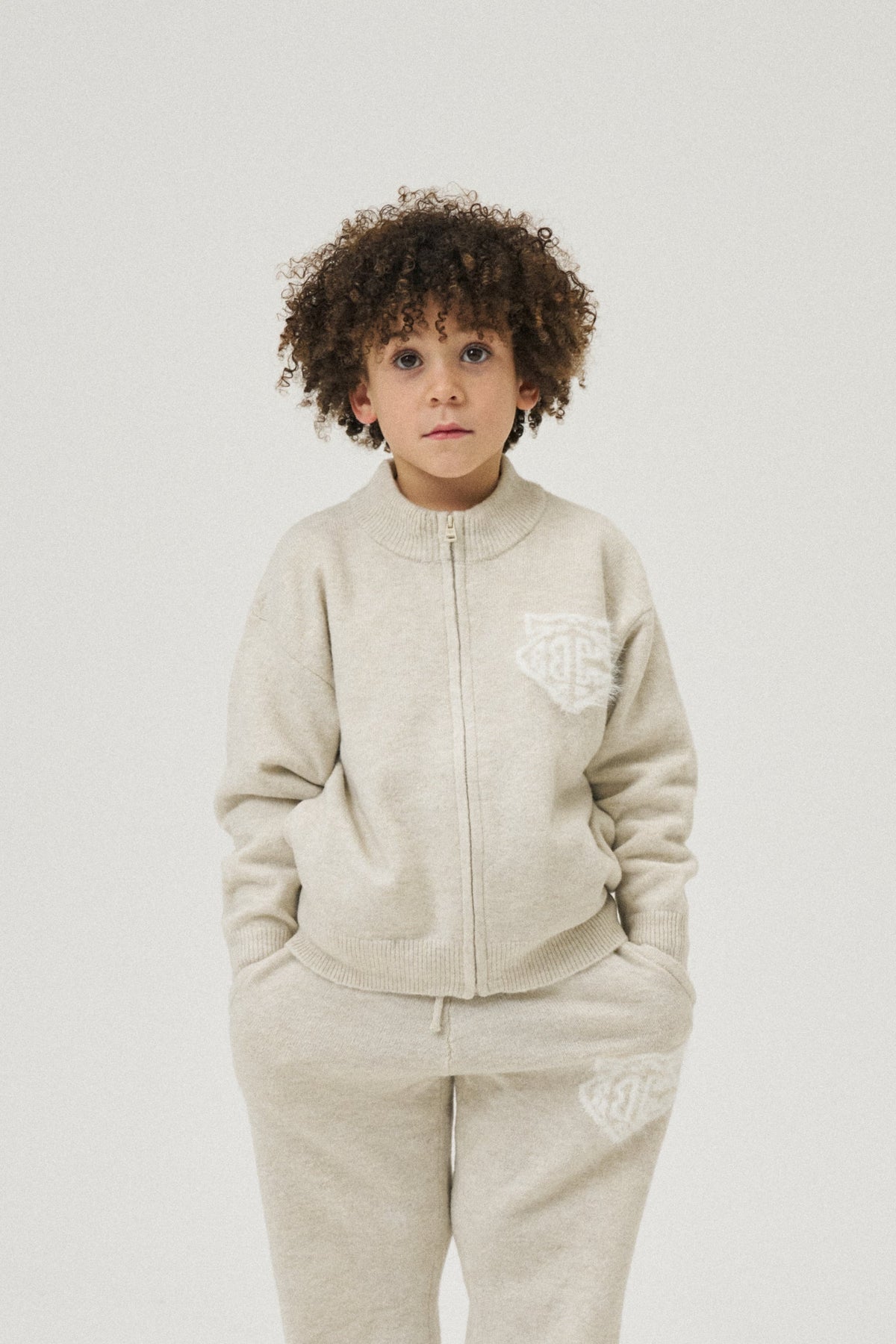 KIDS MONOGRAM FLUFFY KNIT ZIP THROUGH - BEIGE