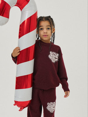 JUNIOR MONOGRAM FLUFFY KNIT CREW - BURGUNDY