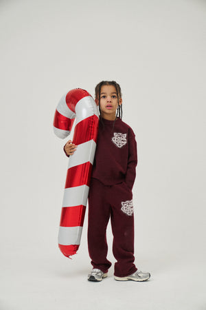 JUNIOR MONOGRAM EMBLEM FLUFFY KNIT JOGGERS - BURGUNDY