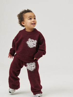 KIDS MONOGRAM FLUFFY KNIT CREW - BURGUNDY
