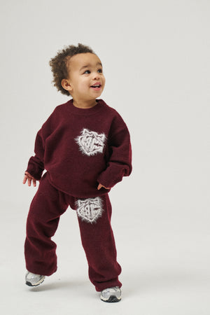 KIDS MONOGRAM FLUFFY KNIT CREW - BURGUNDY